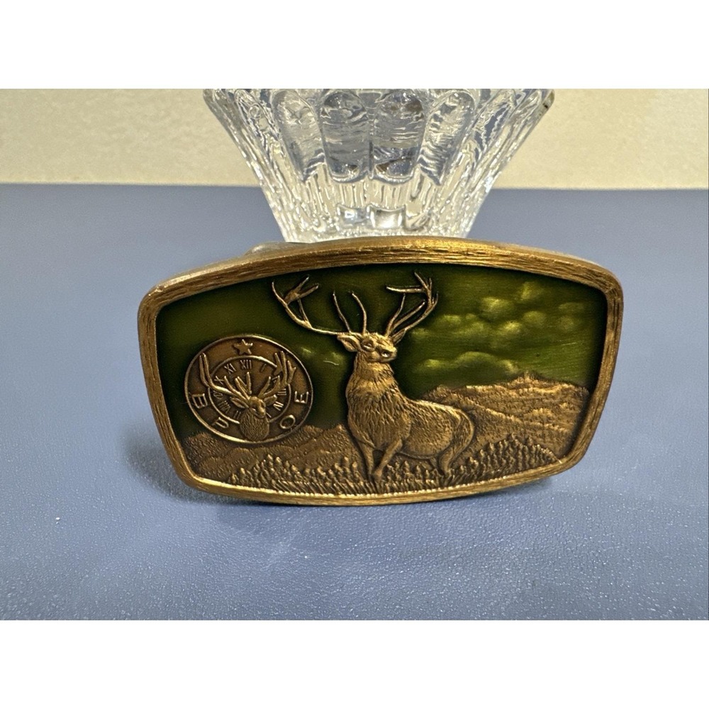 Vintage 1981 Harry Klitzner Co BPOE Elk Deer Green Enamel Belt Buckle Brass Tone